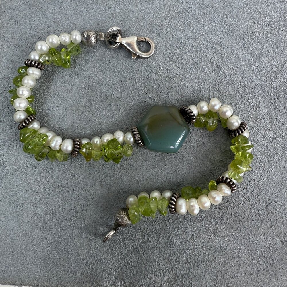 Pearl & Green Stone Twisted Bead Bracelet Sterling Silver 7.5"